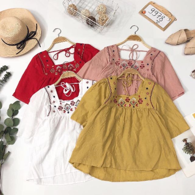 Áo baby doll cổ vuông hoạ tiết xinh yêu 🍒