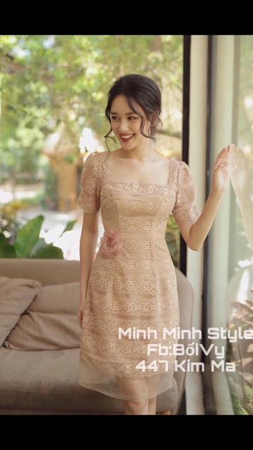 Váy Ren Cổ Vuông Tay Bồng Kèm Tag Hoa - Hàng Thiết Kế - TK03