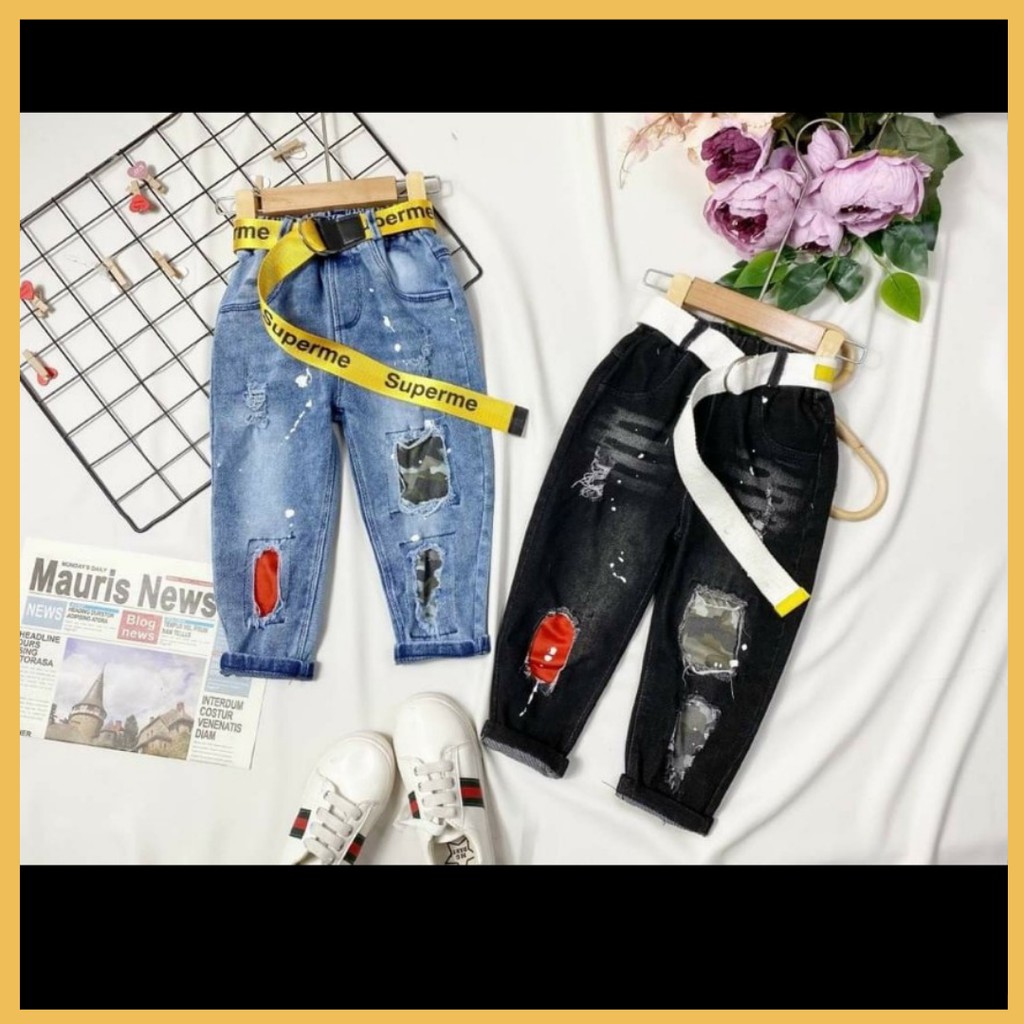 Quần jeans dài cá tính cho bé trai bé gái 10-25kg ( Không kèm dây đai)