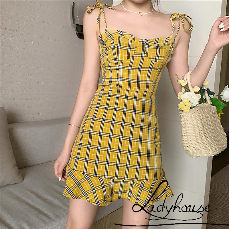 Đầm Hai Dây Không Tay Họa Tiết Caro Thời Trang Mùa Hè Cho Nữ