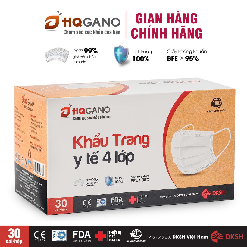 Khẩu trang y tế 4 lớp kháng khuẩn, kháng giọt bắn HQGANO, Hộp 30 chiếc, Thiết bị Y tế loại A, tiêu chuẩn FDA xuất khẩu