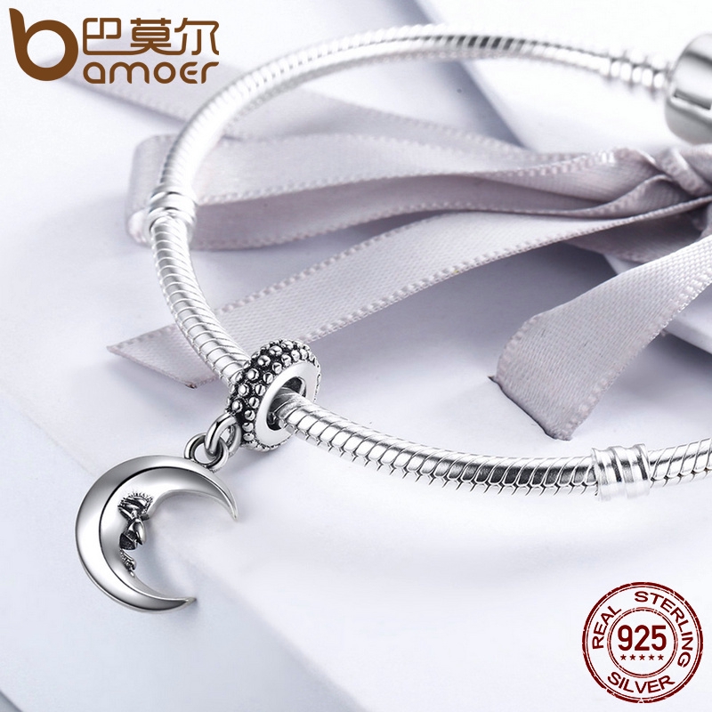 Mặt trang sức BAMOER SCC149 bạc 925 thiết kế hình mặt trăng đáng yêu thời trang độc đáo