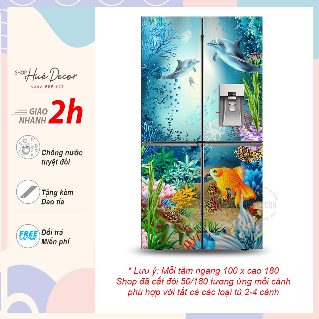 Decal dán tủ lạnh side by side 2 cánh, 4 cánh cá heo dại dương
