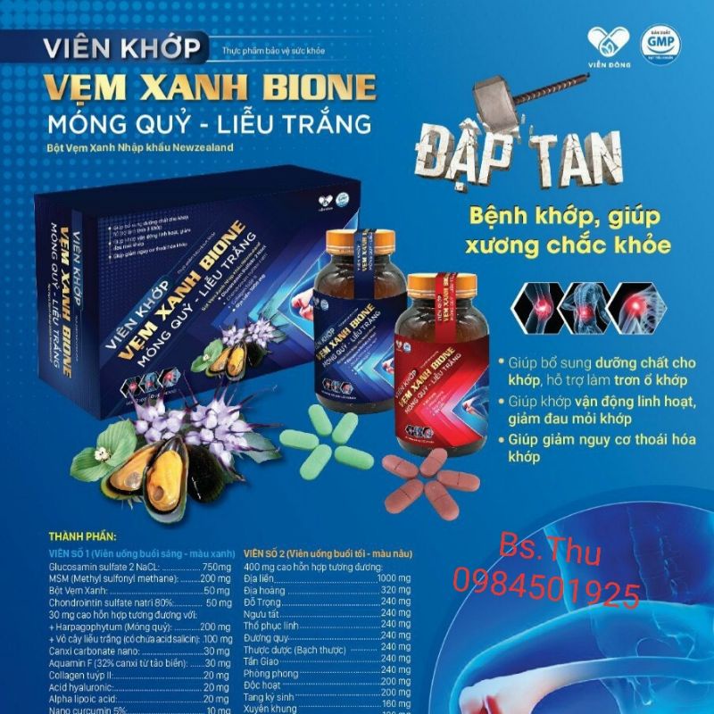 VIÊN KHỚP VẸM XANH BIONE móng quỷ, liễu trắng hộp 60 viên hỗ trợ khớp vận động linh hoạt, dưỡng khớp