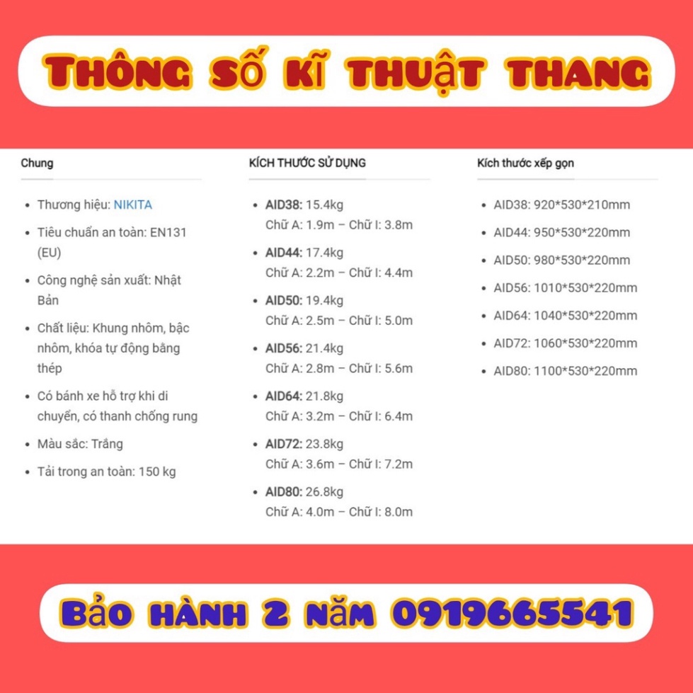 THANG NHÔM RÚT XẾP ĐÔI CHÍNH HÃNG NIKITA AI32,AI38,AI44,AI50,AI56,AI64,AI72,AI80