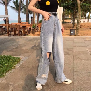 (Order) quần jeans ống siêu rộng màu bò bạc cạp cao dáng dài