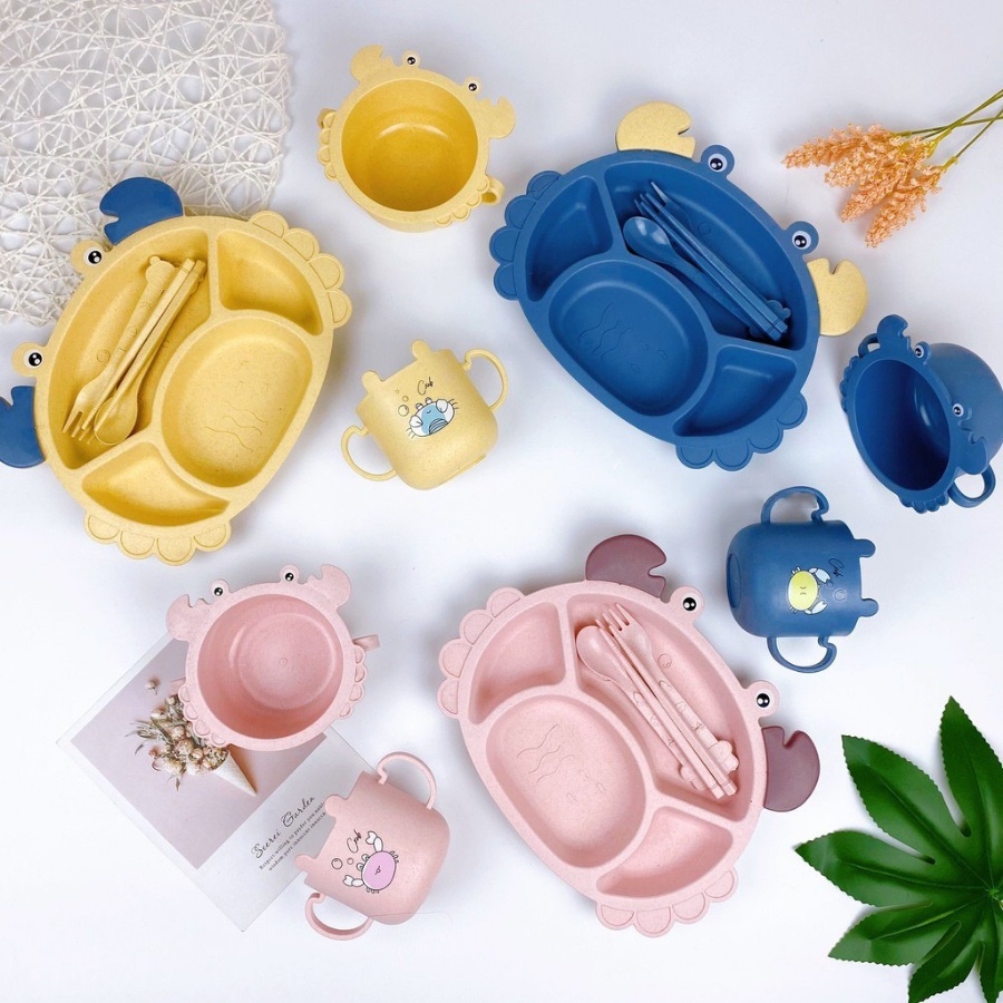 Khay Ăn Dặm Lúa Mạch Cho Bé Lúa Họa Tiết Cua Đáng Yêu Ngộ Nghĩnh Kèm Bát Và Cốc Dễ Thương Giúp Bé Ăn Ngon