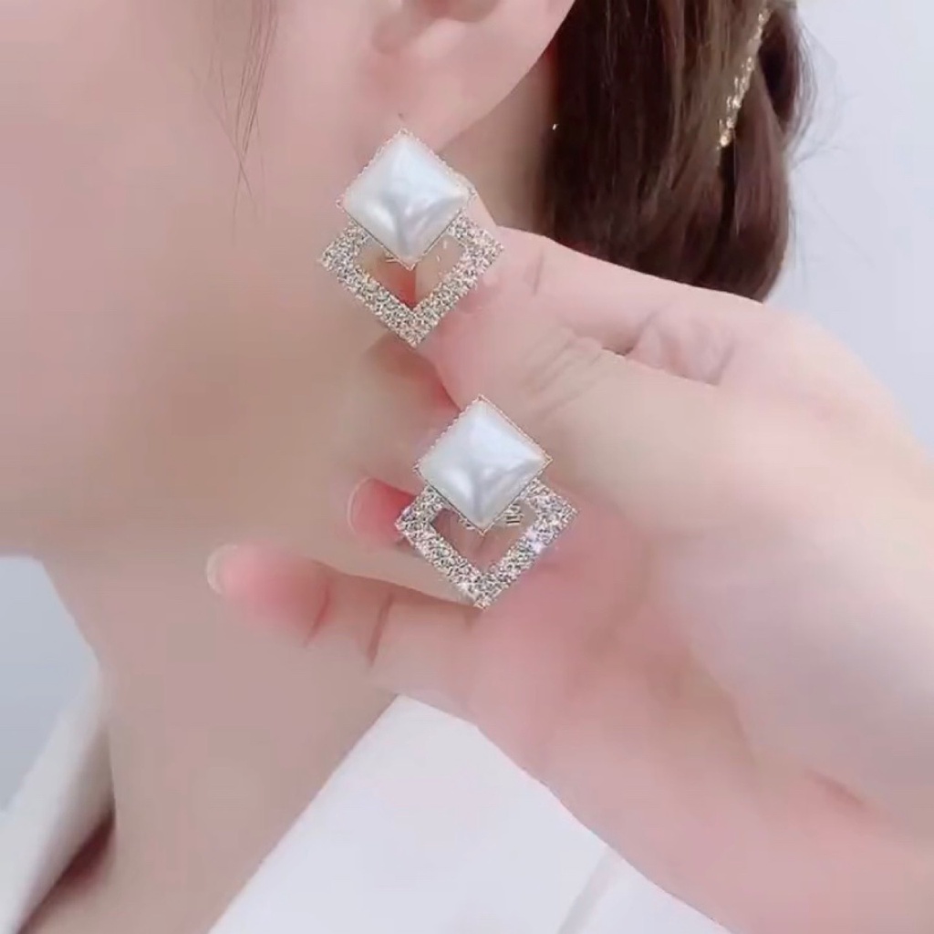 Khuyên tai nữ đẹp bông tai đính đá Hàn Quốc E2150 vuông kép đính đá 2 màu S925 thời trang