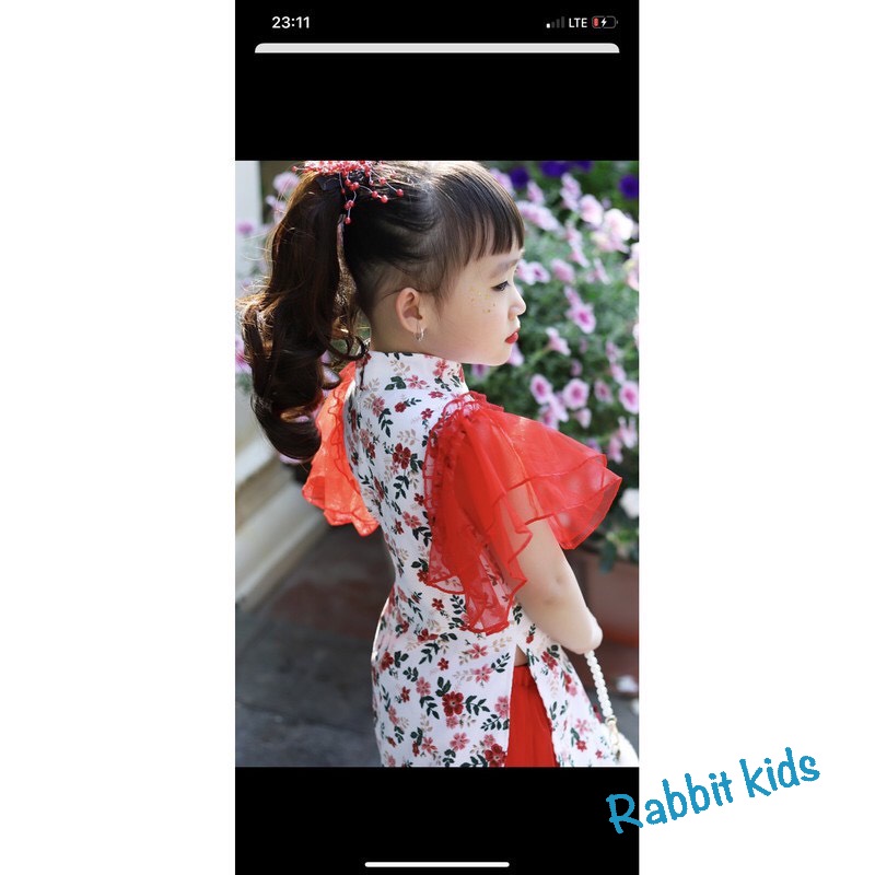 Áo Dài Cách Tân Thiết Kế Cao Cấp Cho Bé Gái FREESHIPTẶNG TURBAN-Rabbit Kids-Đầm Tết Trẻ Em Hoạ Tiết Hoa Lá Chân Váy Đỏ