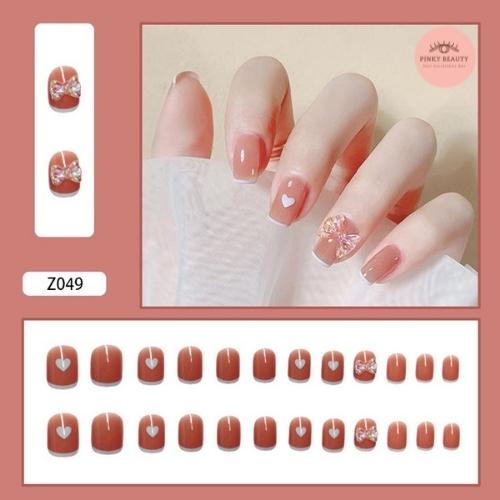 Móng Tay Giả Đính Đá Bộ 24 Móng Giả Pinky Beauty Họa Tiết Đa Dạng, Sang Trọng Phong Cách Dài, Ngắn Cho Nữ Kèm Keo