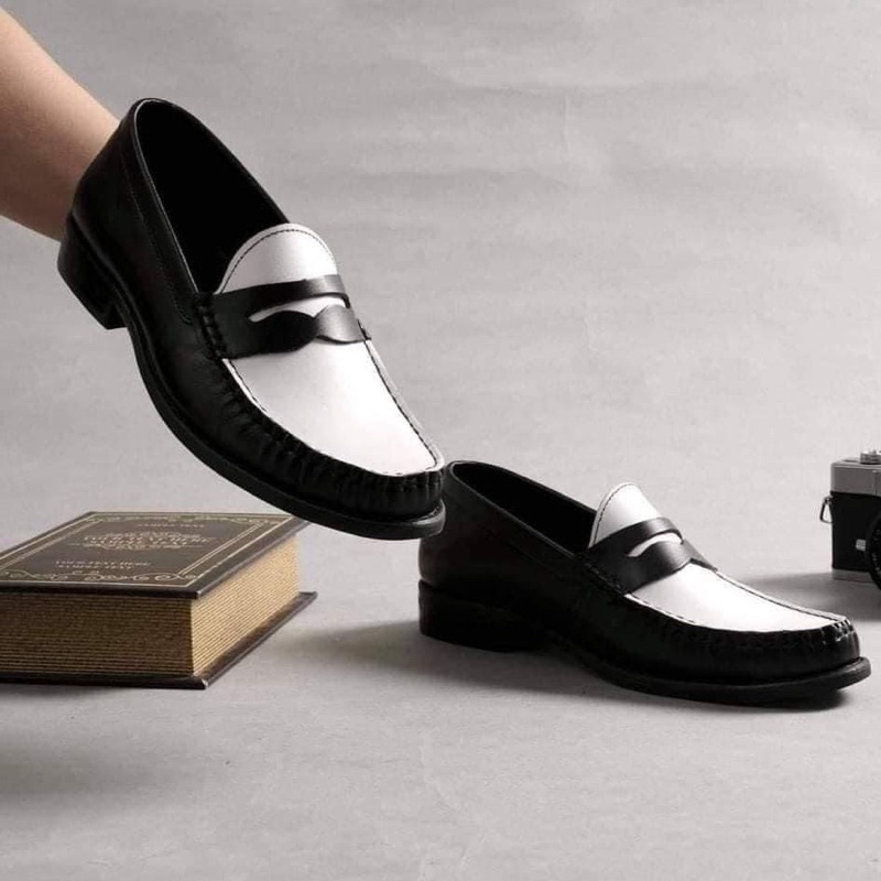 Giày Penny Loafer Black,White - Da Bò Đế Phíp Gỗ sang Trọng