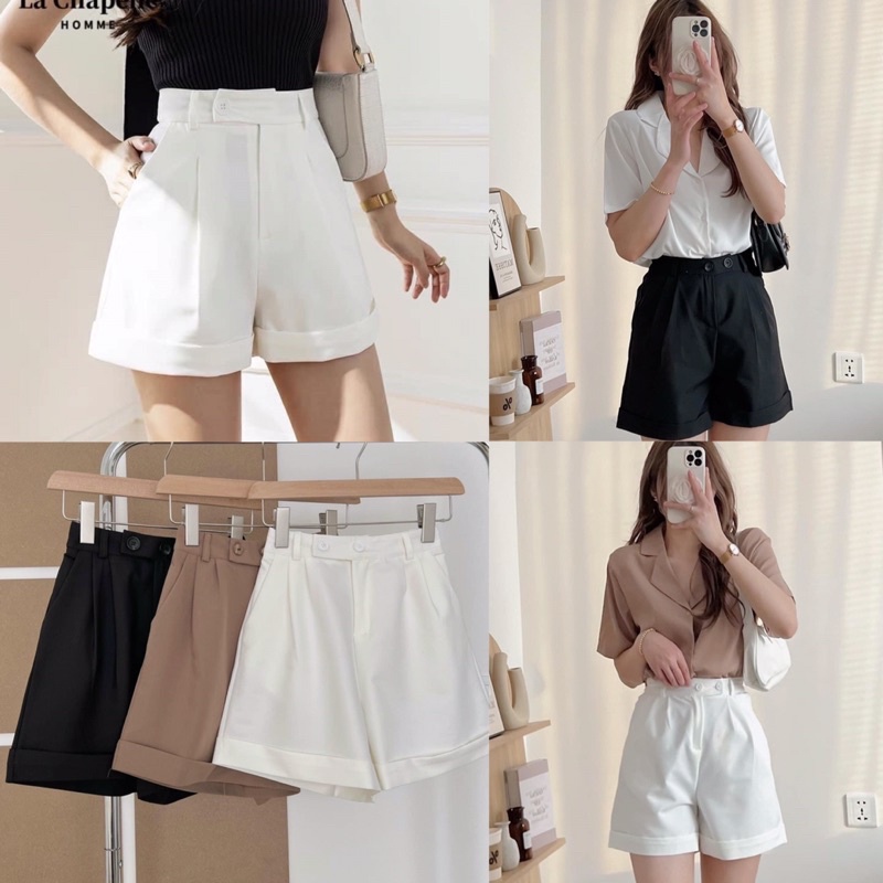 [Ảnh thật/Video]Quần sooc vải hai cúc ngang chun sau thiết kế gập gấu Hàn Quốc