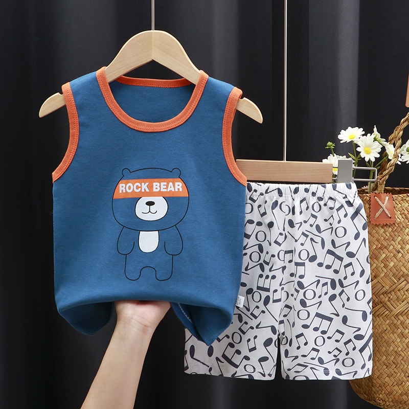 Set trang phục SANITKUN áo thun sát nách và quần đùi cotton in họa tiết hoạt hình đáng yêu dành cho bé trai và bé gái