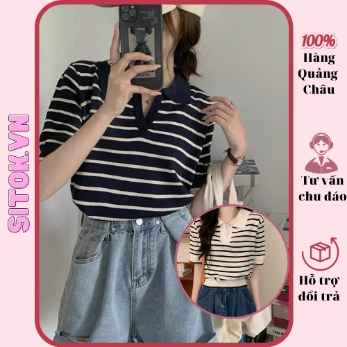 Áo kiểu nữ tay ngắn cổ chữ V kẻ sọc thời trang, áo len kẻ polo basic chất mongtoghi free size cá tính hàng Quảng Châu