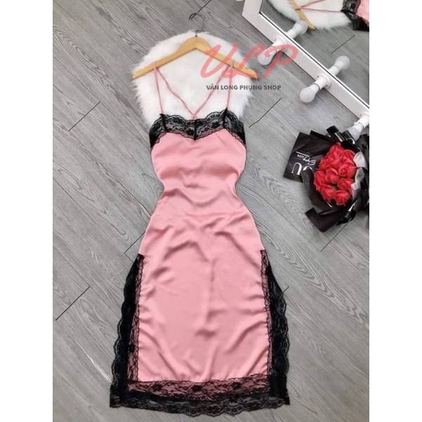 [BIGSIZE_65KG]_DN110_Váy ngủ lụa dài phối ren có mút ngực, đan dây lưng, xẻ tà sexy