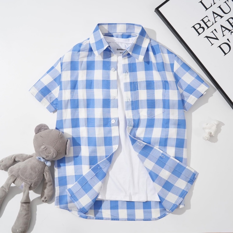 Áo sơ mi kẻ caro cổ bé bé trai, có size đại 55kg người lớn bon chen thoải mái