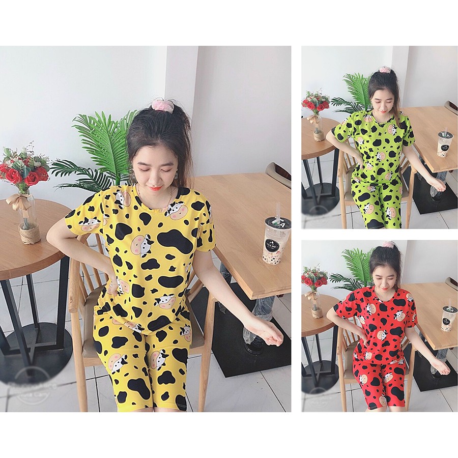 Bộ đồ mặc nhà hình bò sữa siêu dễ thương, thun cotton freesize dưới 57kg