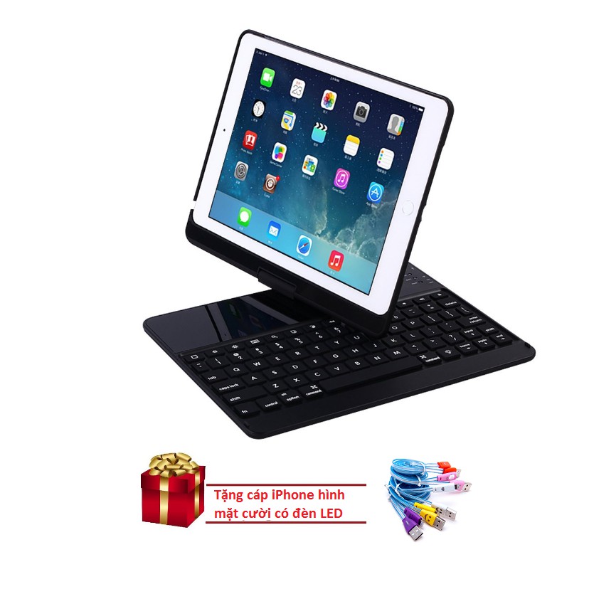 Bàn phím kiêm ốp lưng cho iPad Air xoay 360 độ (Đen).Sản phẩm hot năm 2018 Tặng cáp sạc iPhone có đèn LED