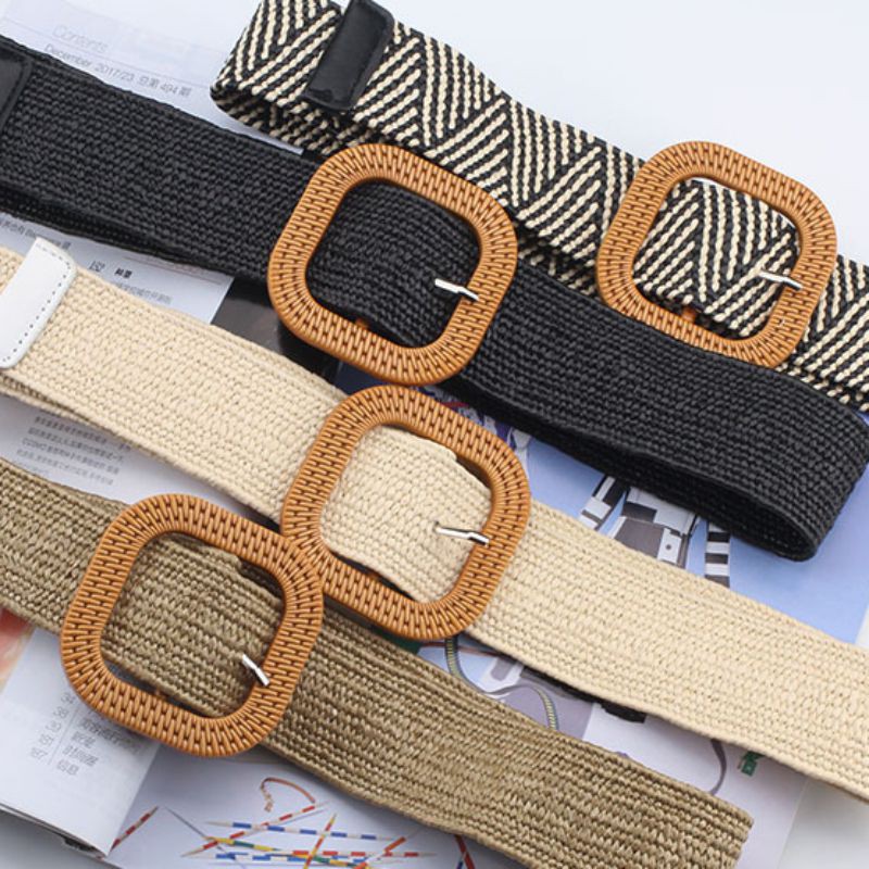 [Baywellfashion]Women Girls Fashion Casual All-match Cotton And Linen Weaving Square Buckle Dress Decorative Belt