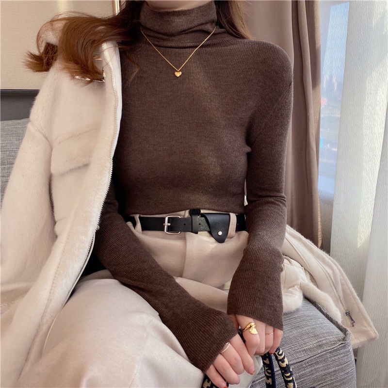 Áo sweater dệt kim cổ lọ màu xanh lá thời trang xuân thu cho nữ 2022
