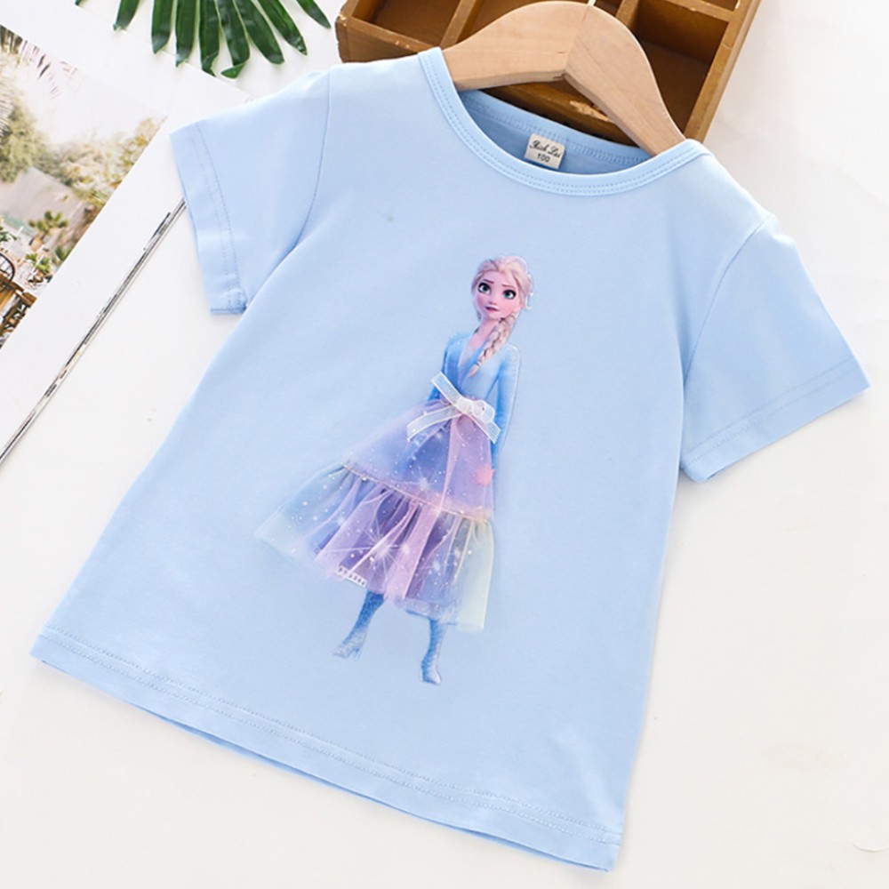Áo phông bé gái Elsa Công Chúa ngắn tay cổ tròn đính họa tiết 3D cho bé gái