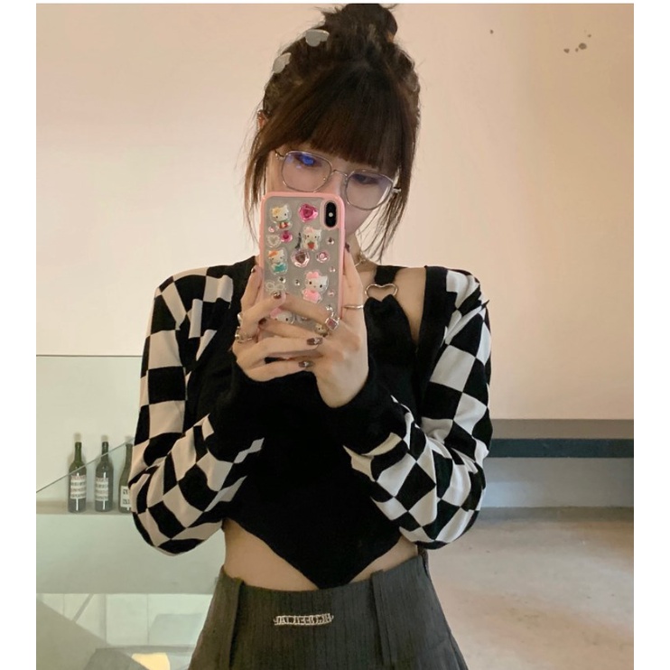 Áo Hai Dây Thể Thao Họa Tiết Sọc Caro Phong Cách Retro Thời Trang Hàn Quốc Cho Nữ