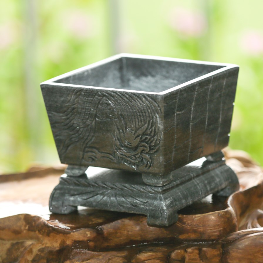 Chậu đá ĐEN hình vuông đục khắc chạm bằng tay nguyên khối trồng bonsai mini, KT: 12,5x12,5x8,5