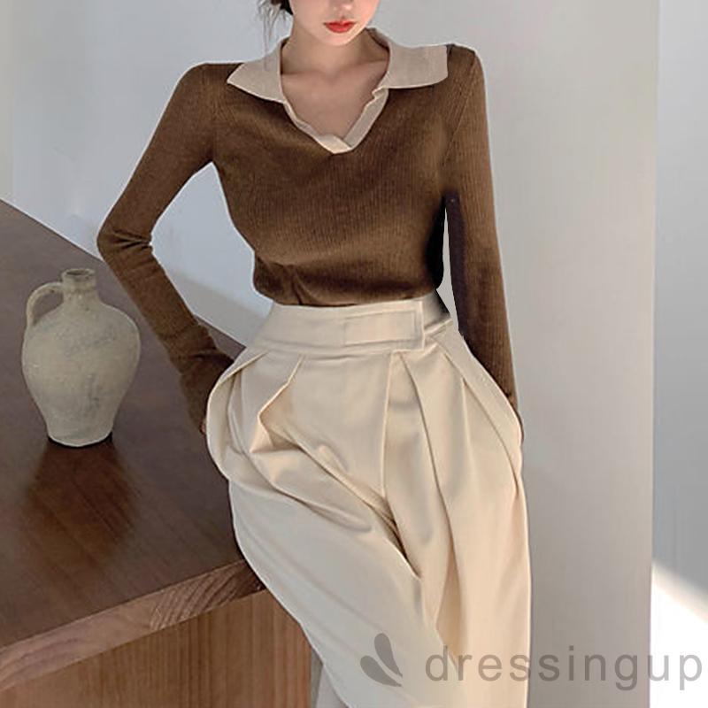 Áo dệt kim tay dài cổ chữ V thời trang mùa thu cho nữ