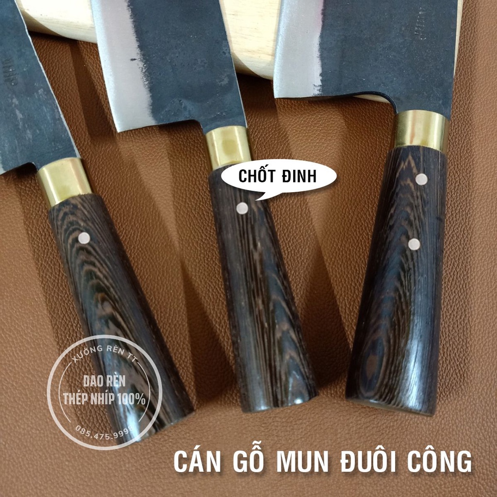 Bộ 3 Dao Nhà Bếp, Thép Nhíp Nga - Rèn Hoàn Toàn Thủ Công, Cán Gỗ Mun, Dao Chặt, Thái, Lọc