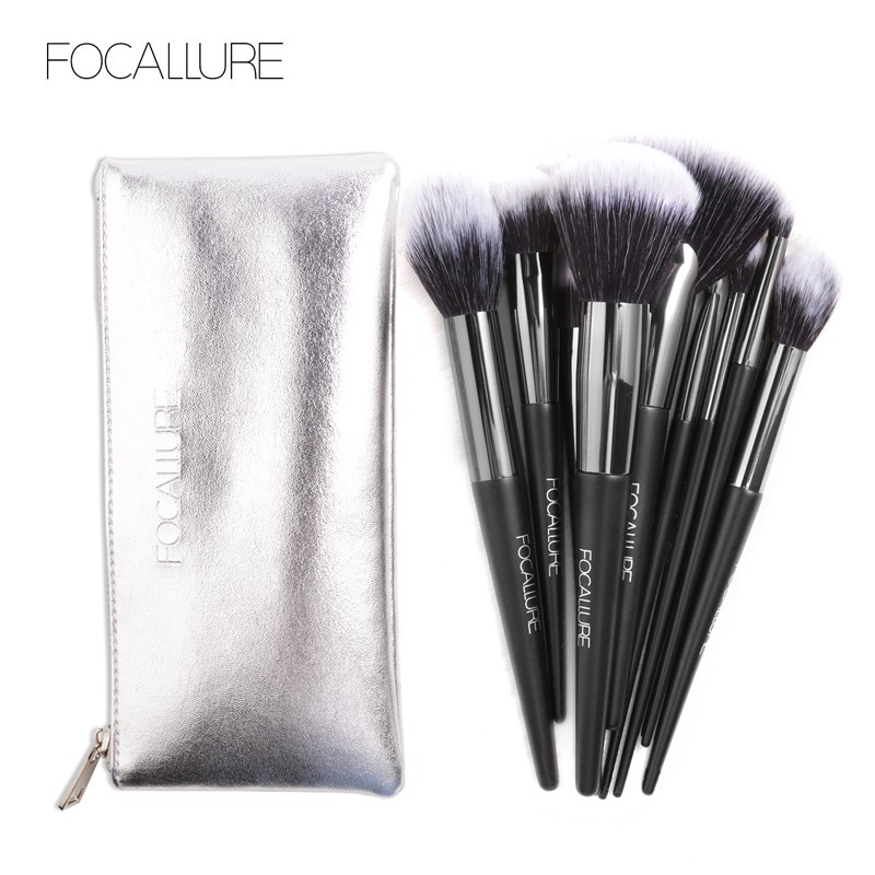 Set 10 cọ trang điểm FOCALLURE làm đẹp chuyên nghiệp có túi đựng màu bạc tiện lợi