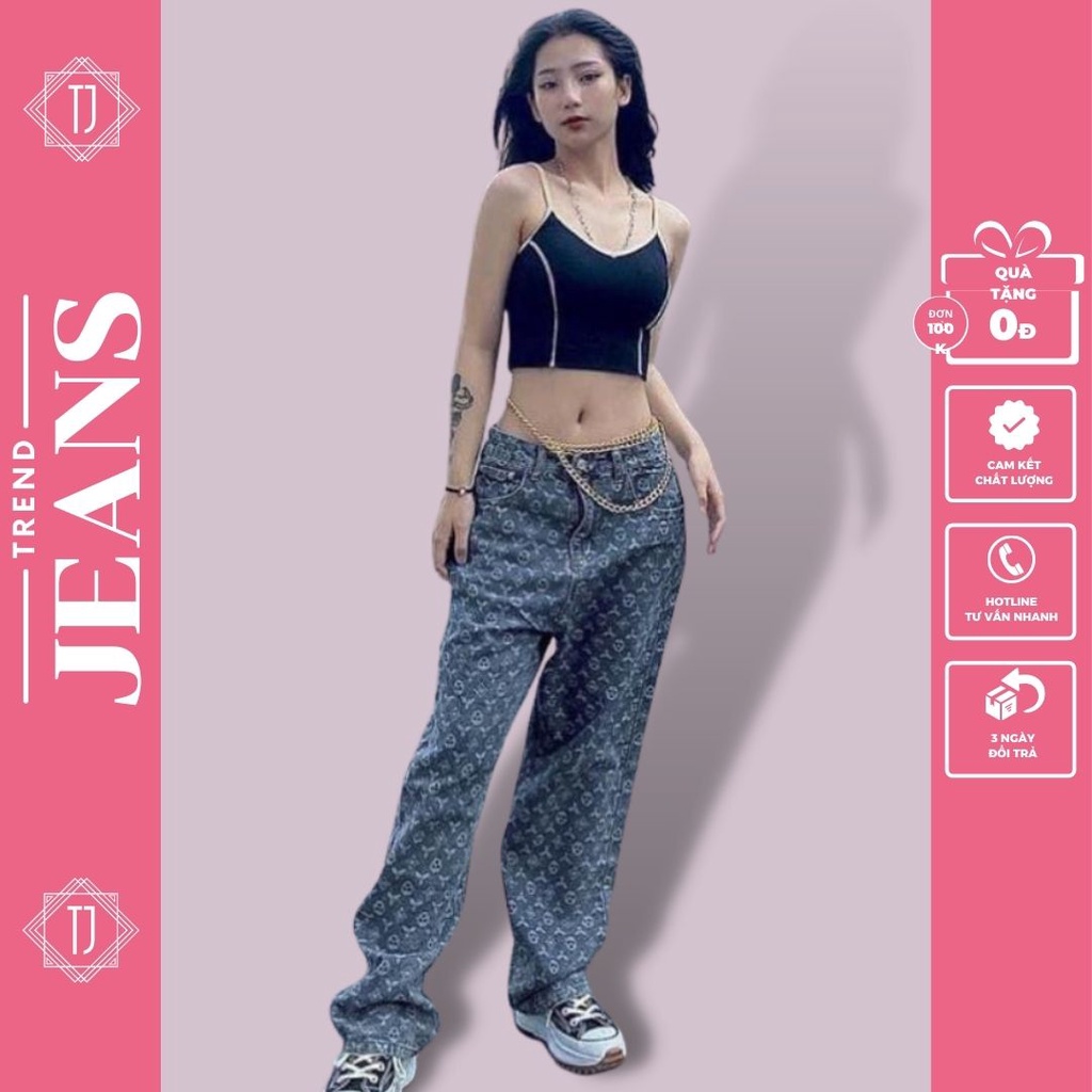 quần jean THÊU HOẠ TIẾT LV nữ ống rông style mùa hạ hottren 2022