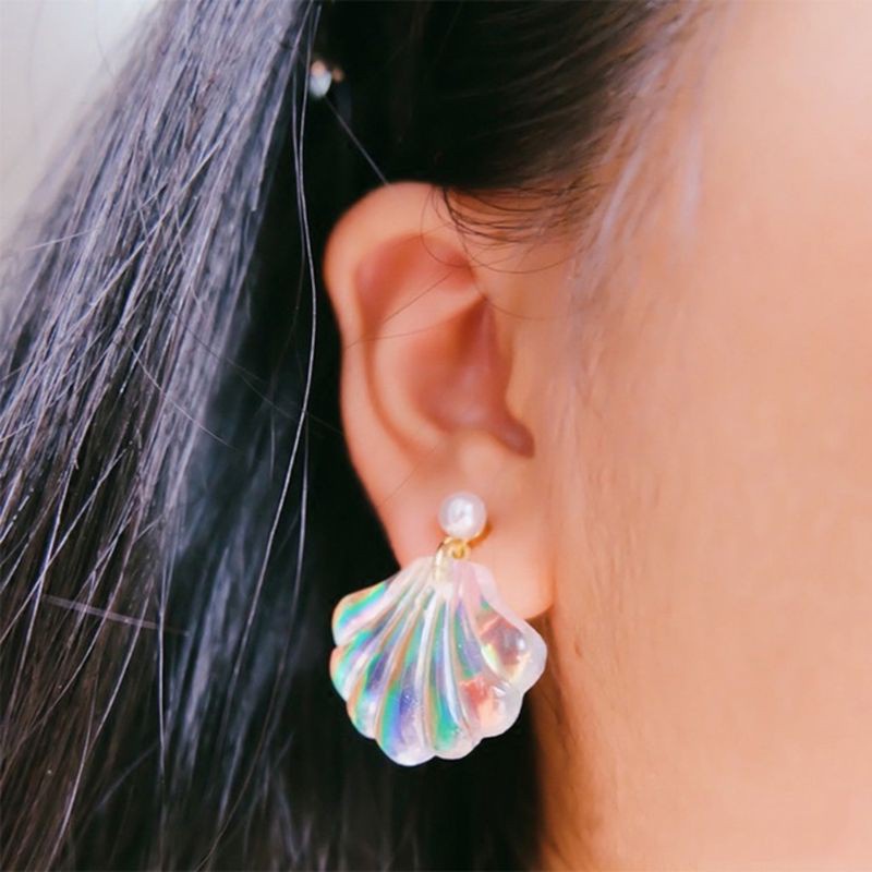 Bông Tai Dáng Dài Hình Vỏ Sò Đính Ngọc Trai Thời Trang Đi Biển Cho Nữ