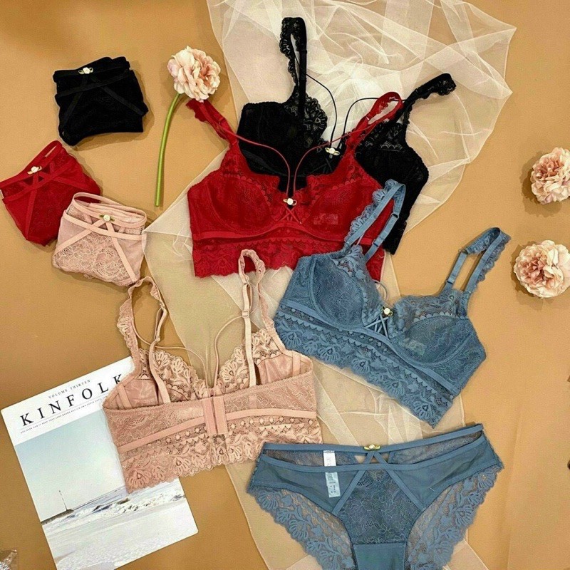 Bộ đồ lót B047 Charm đính hoa dây chéo có gọng không mút