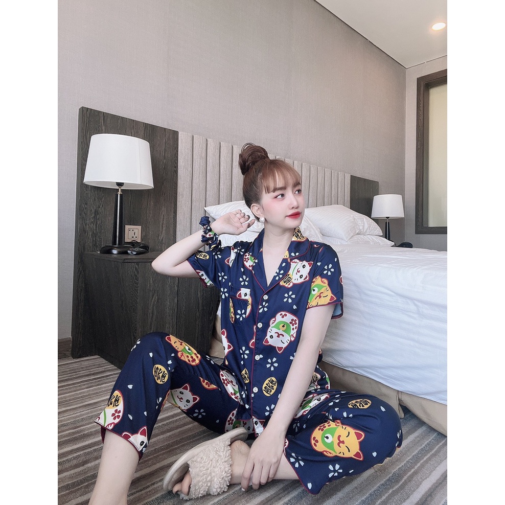 Pijama lụa tay ngắn phối màu lạ mắt, họa tiết siêu yêu