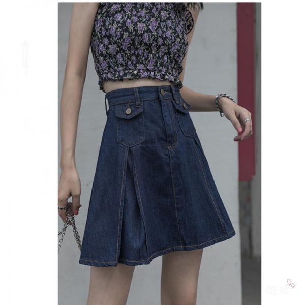 Pala★ Chân Váy Denim Lưng Cao Form Rộng Màu Xanh Đậm Phong Cách Retro Hong Kong