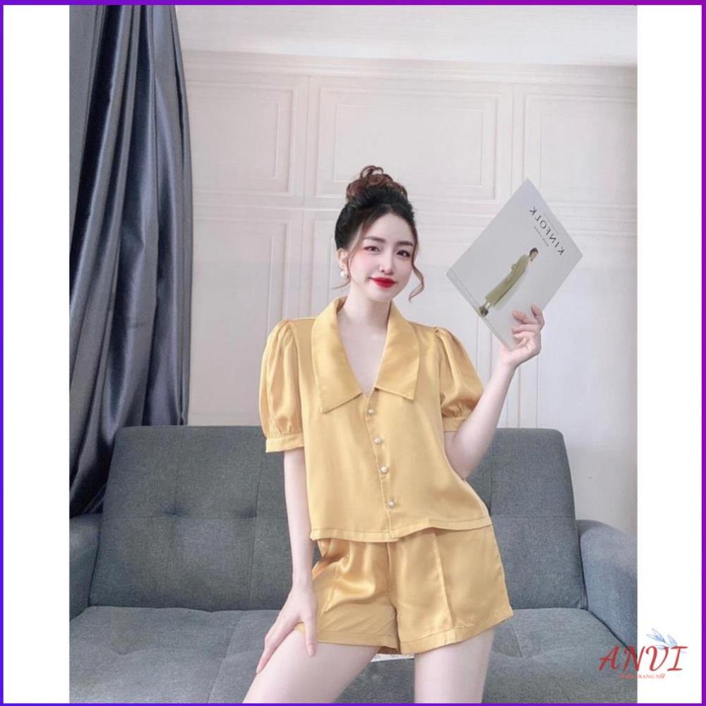 Đồ Mặc Nhà Ở Nhà ANVI, Đồ Ngủ Mặc Nhà Áo Cổ Sen Tay Ngắn Quần Sọc Lụa Màu Form Rộng Rãi Thoải Mái Dưới 60kg . | BigBuy360 - bigbuy360.vn
