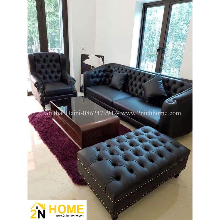 Sofa da cao cấp phong cách Tân cổ điển sang trọng, Bộ 3 món màu đen