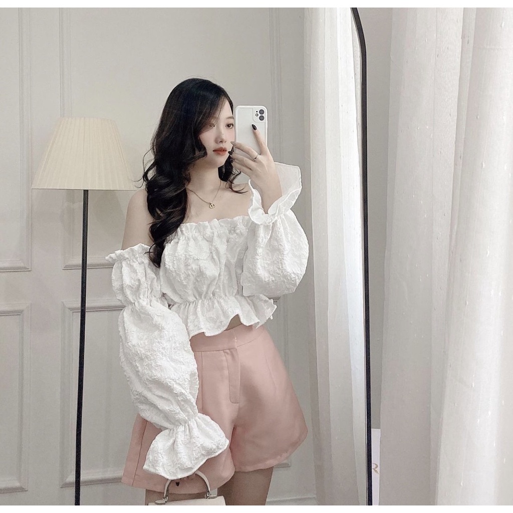 Áo trễ vai hoa gấm bánh bèo Croptop hở vai tay bồng bèo nhún, Áo hở vai đi biển tay dài gấm xốp