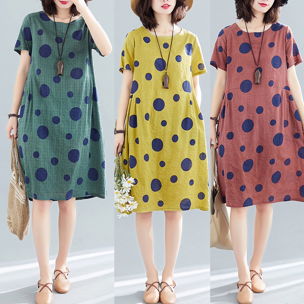 Đầm Tay Ngắn Cổ Tròn Chất Cotton Linen Phong Cách Retro