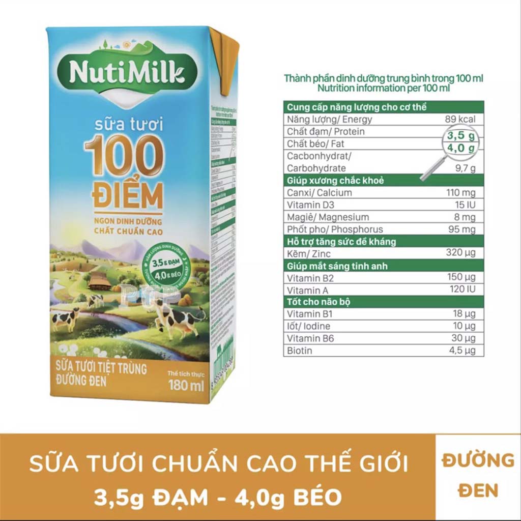 Sữa Tươi Tiệt Trùng 100 Điểm Đường Đen Nutimilk 180ml