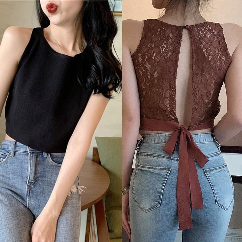 Áo sát nách phối ren hoa thiết kế hở lưng quyến rũ cho phái nữ