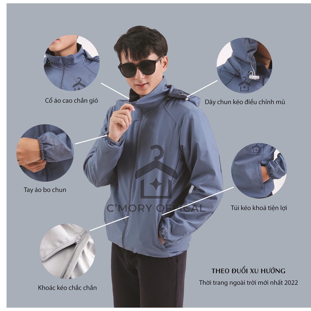 Áo khoác gió nam trơn 2 lớp mỏng chống nắng nước, cản bụi thông thoáng v353