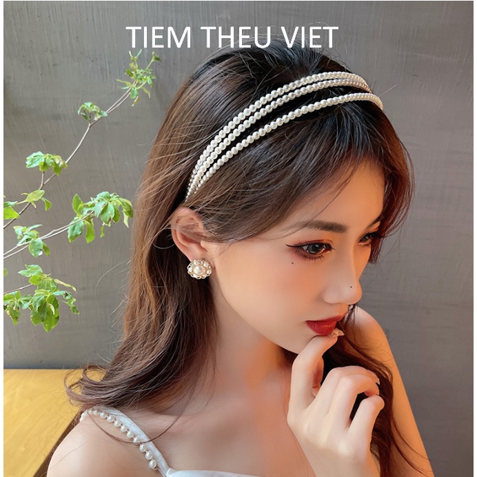 Băng Đô Hạt Trai Nhựa Ba Lớp Tiệm Thêu Việt Phong Cách Retro Pháp