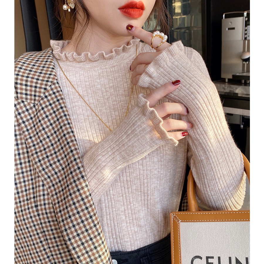 Porozi  Áo sweater dệt kim mỏng tay dài cổ tròn dáng ôm phong cách thời trang Hàn Quốc dành cho nữ