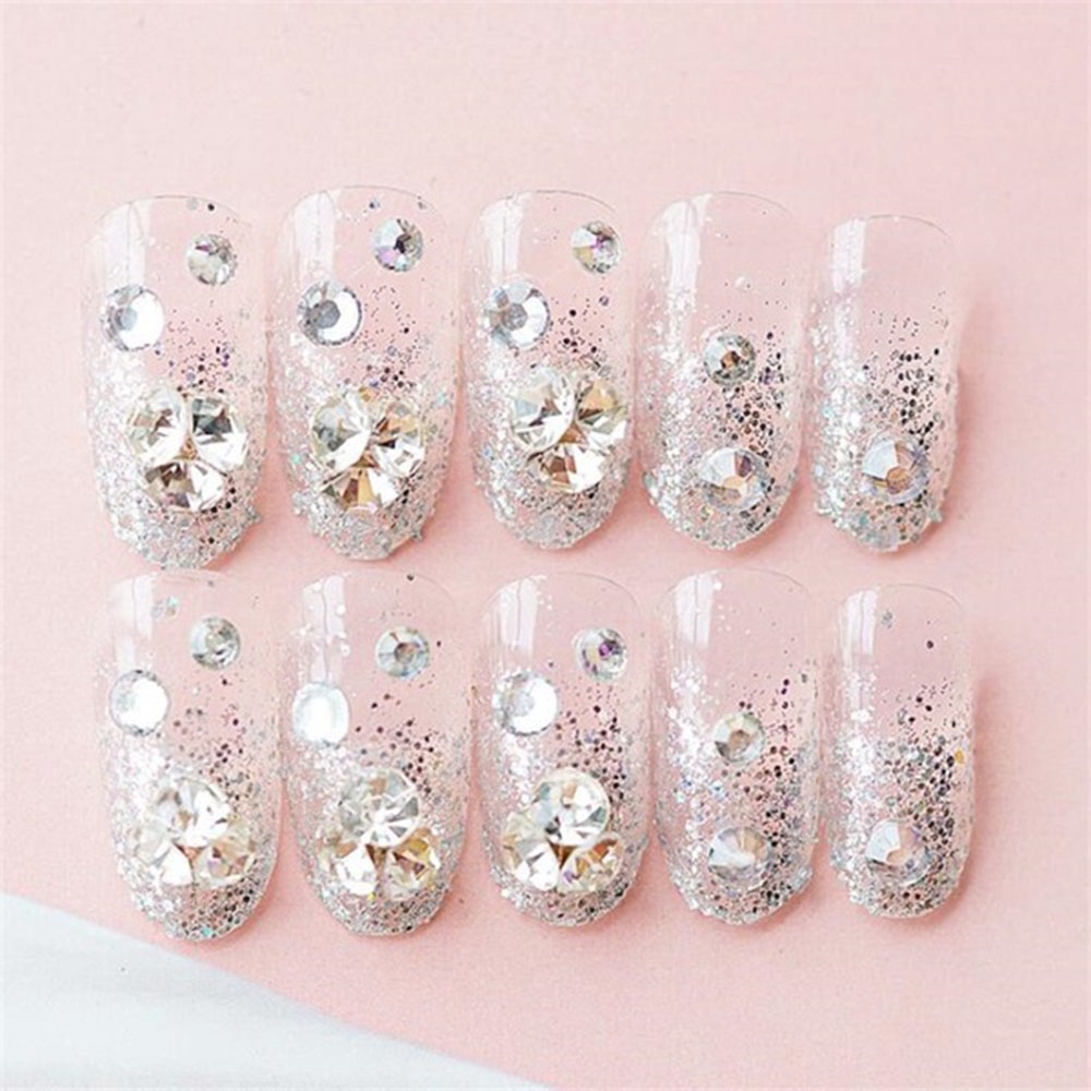 [Hàng mới về] Set móng tay giả khảm đá long lanh xinh xắn dành cho cô dâu có keo dán tiện lợi