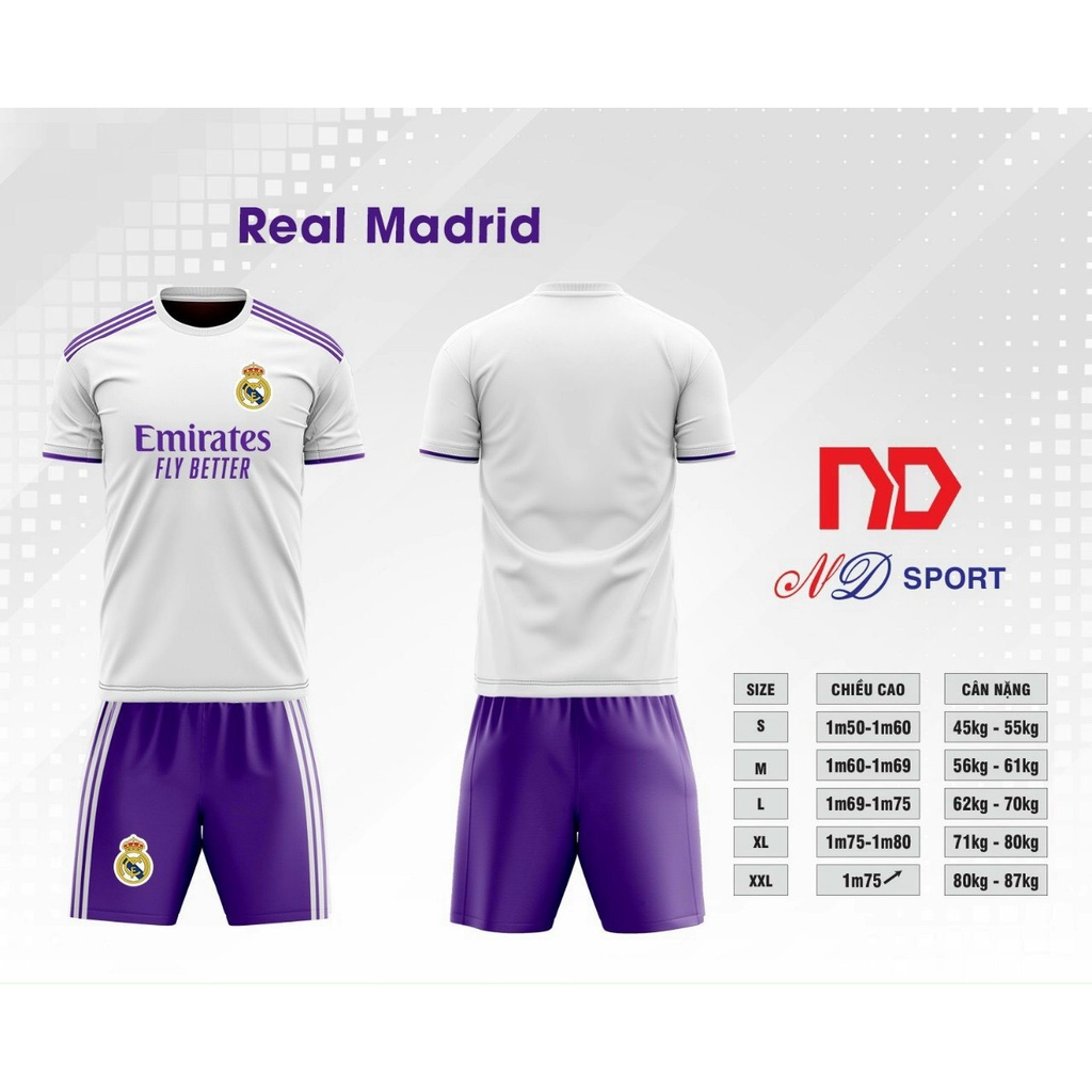 Bộ quần áo đá banh CLB Real Trắng quần tím 2022 ND