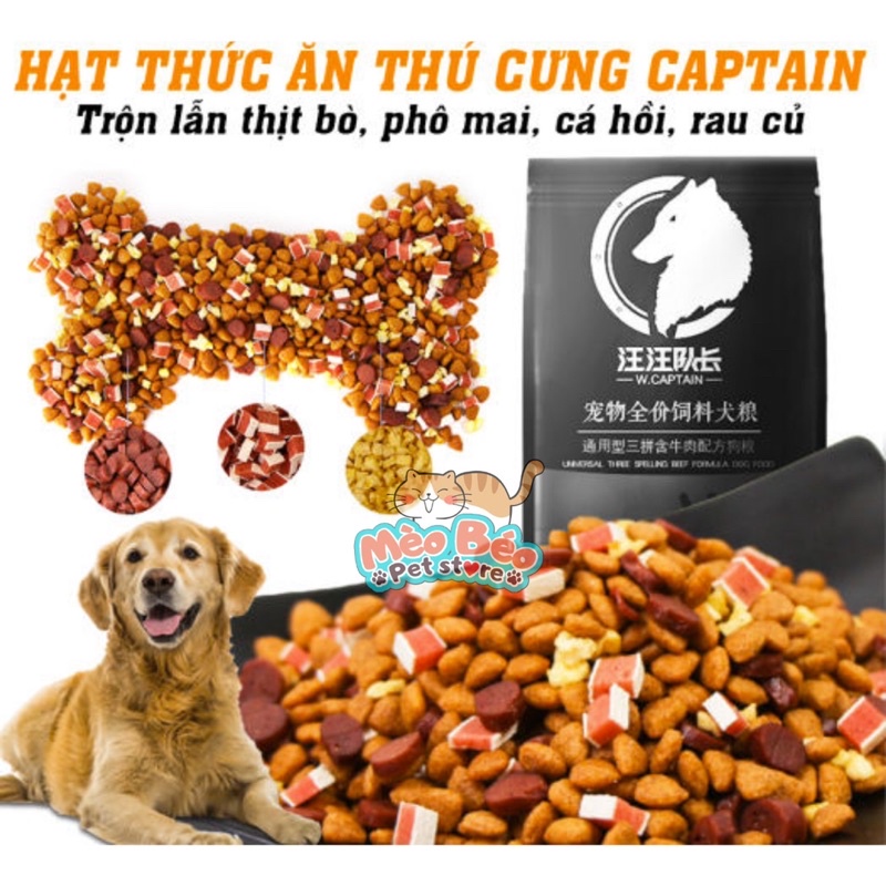 Thức ăn hạt cho cún biếng ăn Captain, trộn lẫn thịt bò, phô mai, cá hồi, rau củ đầy đủ dinh dưỡng