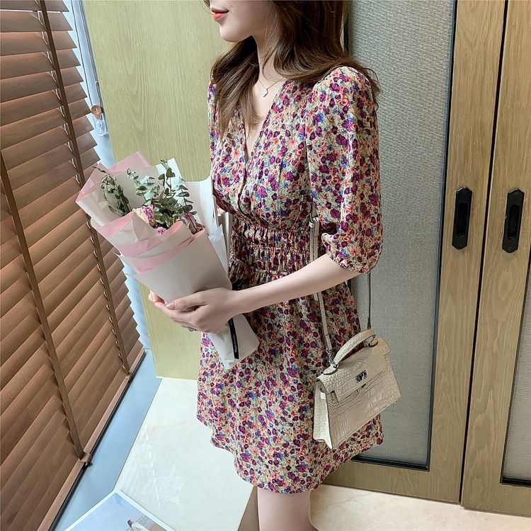 New Snapping up&VWomen's Mid-Length Floral Chiffon Dress with Collar2021Summer New French Style Retro Slimming HighAWord Dress | BigBuy360 - bigbuy360.vn