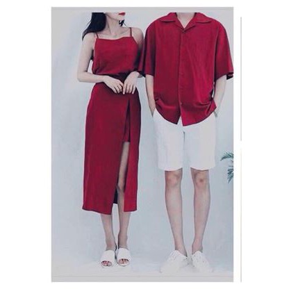 Set áo váy sơ mi cặp couple màu đỏ, màu xanh đen đẹp Hàn Quốc Couple (có ảnh thật)