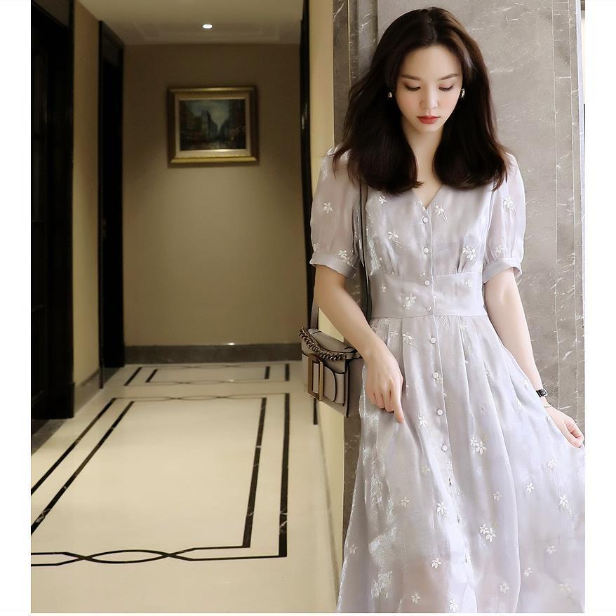 Đầm Dáng Chữ A Thêu Họa Tiết Hoa Phong Cách Hàn Quốc Cổ Điển Thời Trang Mùa Hè Cho Nữ